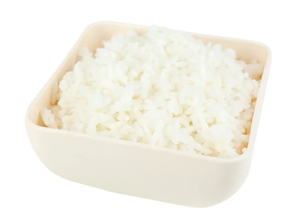 Arroz cozido em tigela isolada em branco — Fotografia de Stock