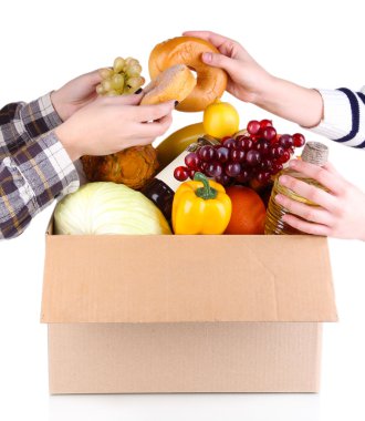 Ürünler üzerinde beyaz izole kutusunun dışarı insanlar olun