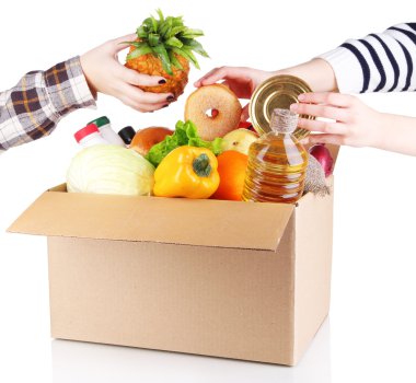 Ürünler üzerinde beyaz izole kutusunun dışarı insanlar olun