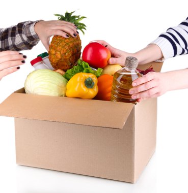 Ürünler üzerinde beyaz izole kutusunun dışarı insanlar olun