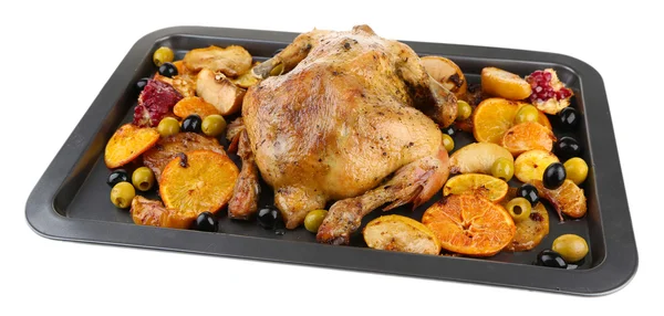 Whole roasted chicken with vegetables on tray, isolated on white — Stock Photo, Image