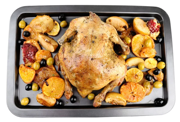 Whole roasted chicken with vegetables on tray, isolated on white — Stock Photo, Image