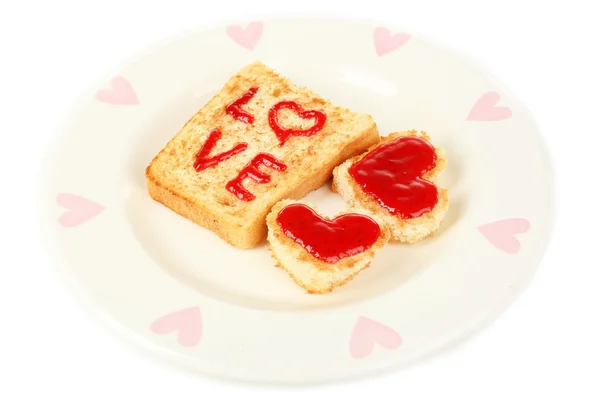 Delicious toast with jam on plate isolated on white — Stock Photo, Image