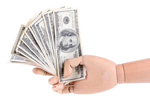 Money in wooden hand, isolated on white — Stock Photo, Image