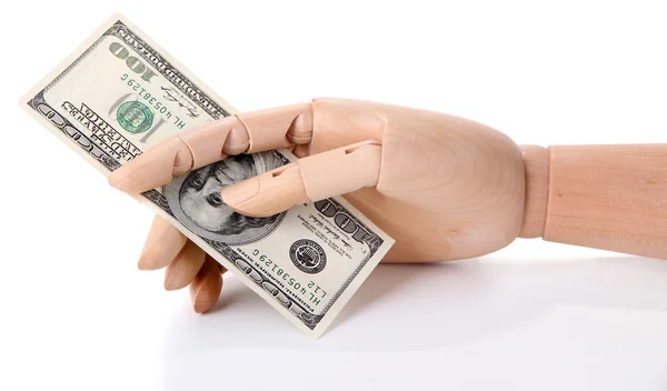 Pengar i trä hand, isolerad på vit — Stockfoto