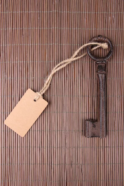 Key with empty tag, on color wooden background — Stock Photo, Image
