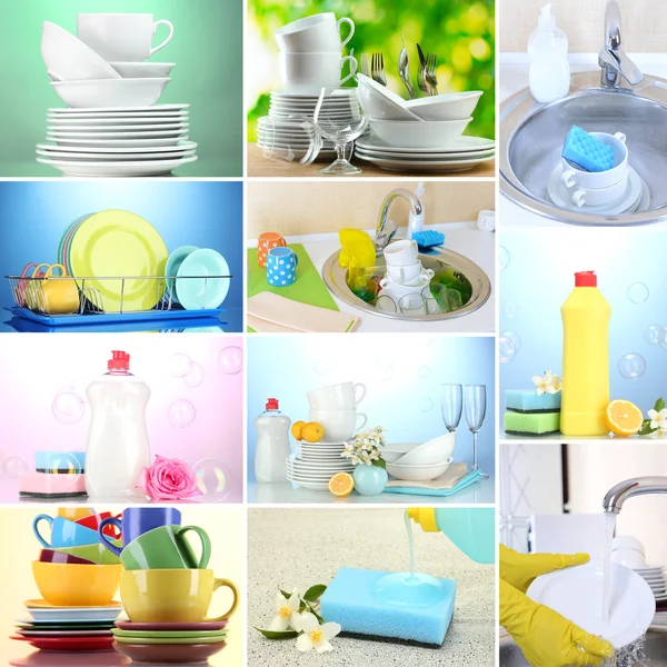Koláž mytí nádobí, close-up — Stock fotografie