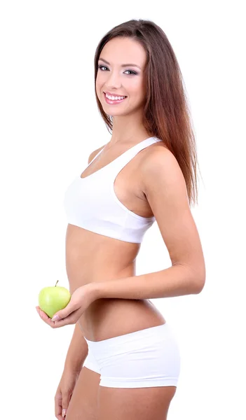 Beautiful young woman with green apple isolated on white — Stock Photo, Image