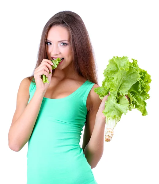 Beautiful girl with fresh salad on blue background — Stock Photo, Image