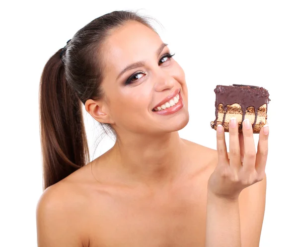 Retrato de hermosa joven con cupcake de chocolate aislado en blanco —  Fotos de Stock