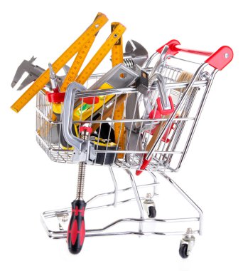 alışveriş sepeti üzerine beyaz izole inşaat araçları
