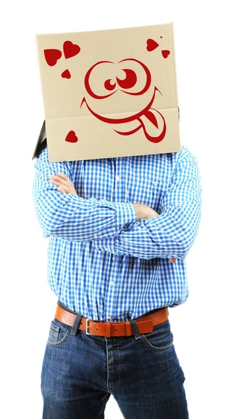 Man with cardboard box on his head isolated on white — Stock Photo, Image