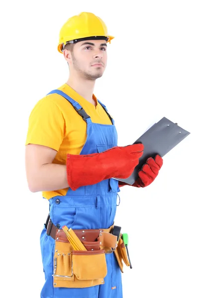 Trabajador joven aislado en blanco —  Fotos de Stock