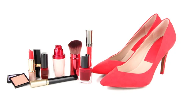 Beautiful red female shoes with cosmetics, isolated on white — Stock Photo, Image