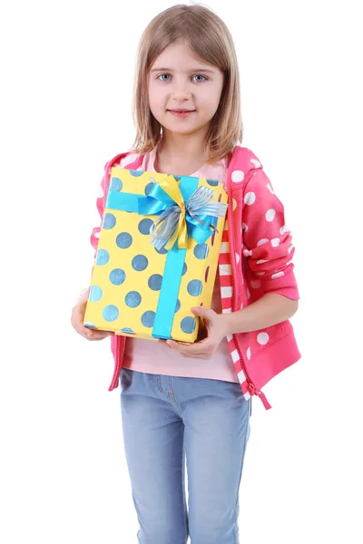 Beautiful little girl holding present box isolated on white — Stock Photo, Image