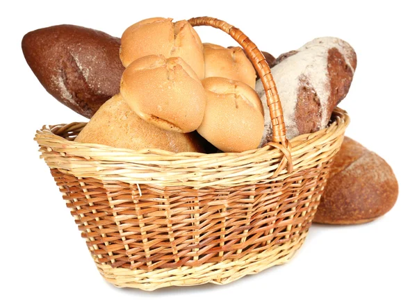 Composition with bread and rolls in wicker basket isolated on white — Stock Photo, Image