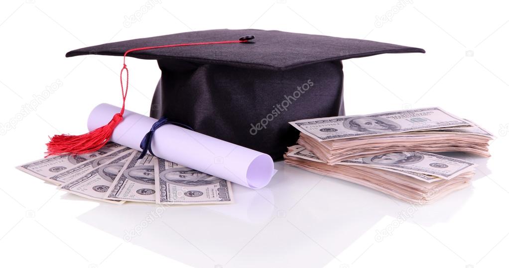 Graduation hat, money and scroll, isolated on white