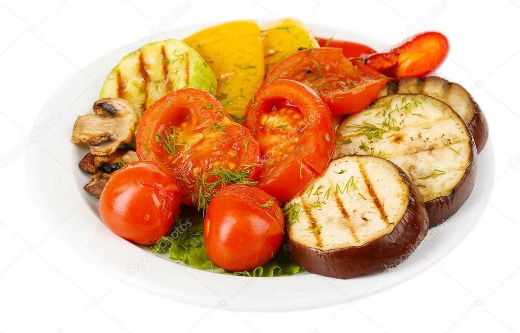 Delicious grilled vegetables on plate isolated on white