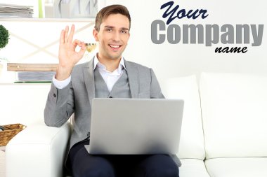 genç işadamı evde kanepede dizüstü kullanarak