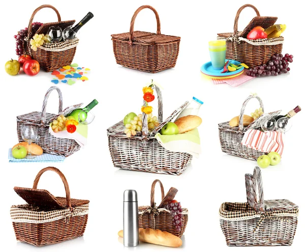 Collage de cestas de picnic aisladas en blanco —  Fotos de Stock