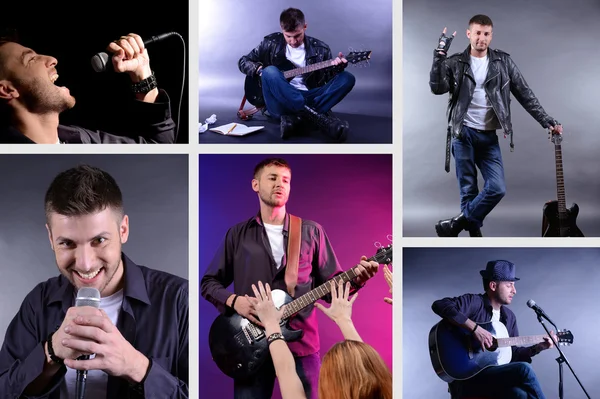 Music Collage.Young musician with guitar — Stock Photo, Image