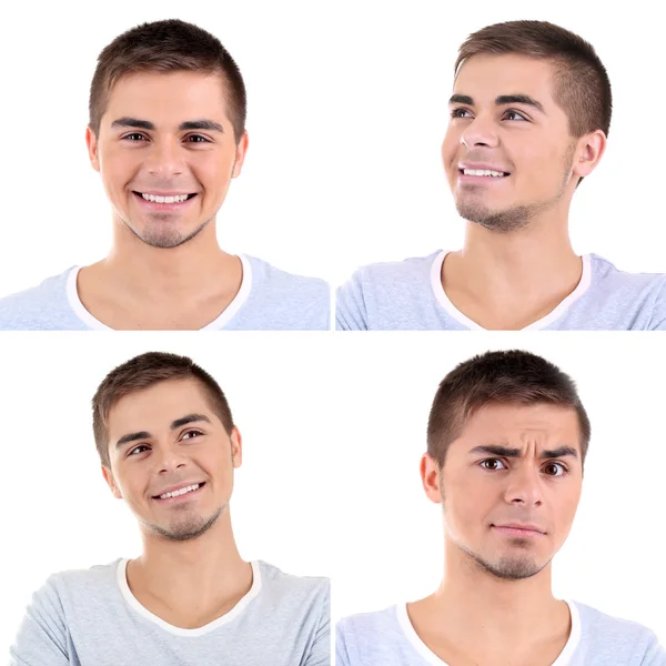 Collage van knappe emotionele man geïsoleerd op wit — Stockfoto