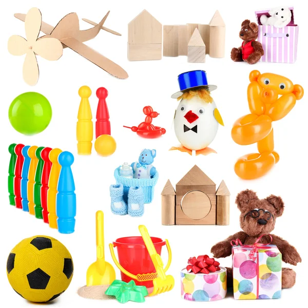 Collage de juguetes infantiles aislados en blanco —  Fotos de Stock