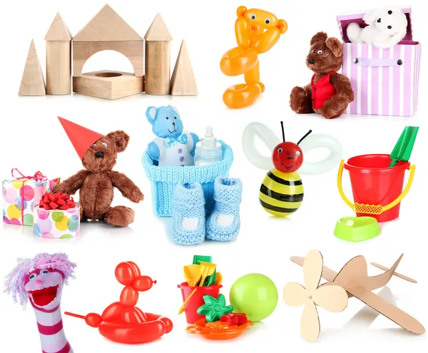 Collage van kinderen speelgoed geïsoleerd op wit — Stockfoto