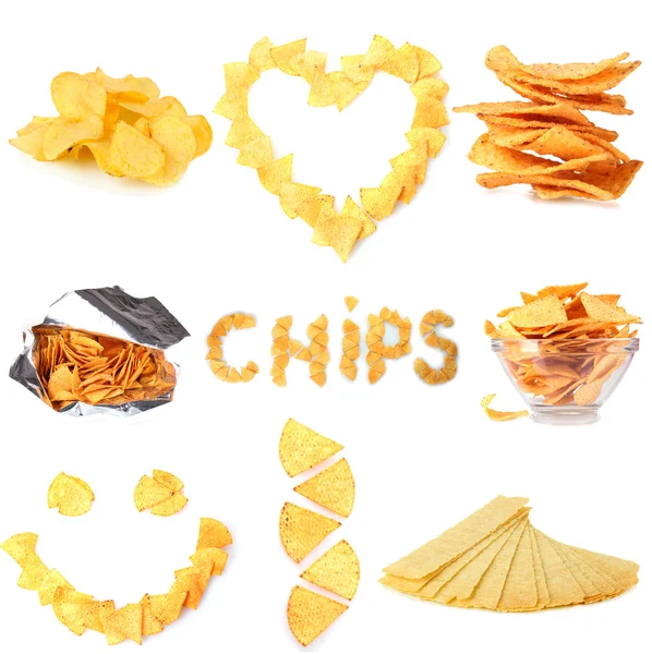 Collage of  tasty potato chips isolated on white — Stock Photo, Image