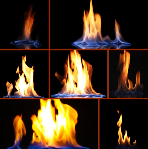 Collage av brand på svart bakgrund — Stockfoto