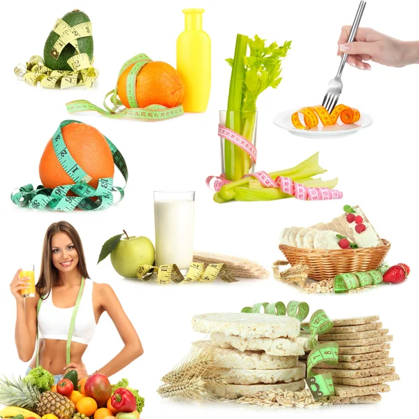 Collage de productos dietéticos aislados en blanco —  Fotos de Stock