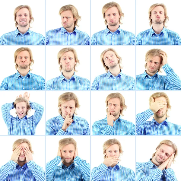 Collage de apuesto hombre emocional aislado en blanco — Foto de Stock