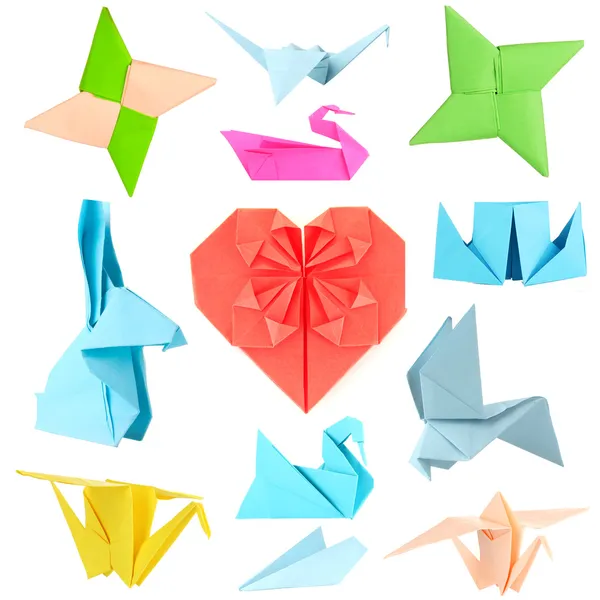 Colagem de diferentes papéis de origami isolados em branco — Fotografia de Stock