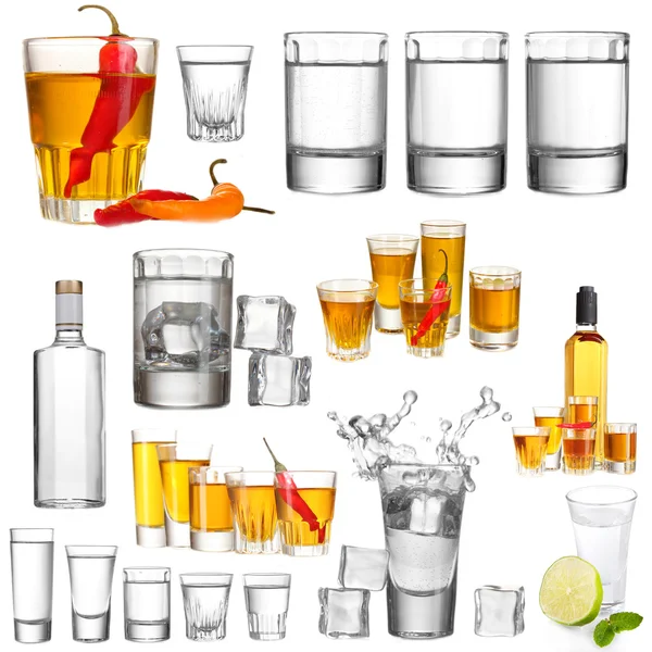 Collage de bebidas alcohólicas. Vodka aislado en blanco —  Fotos de Stock
