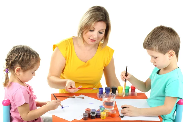 Little children drawing with mom isolated on white — Stock Photo, Image