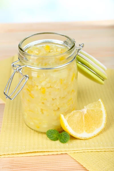 Tasty lemon jam on table close-up — Stock Photo, Image