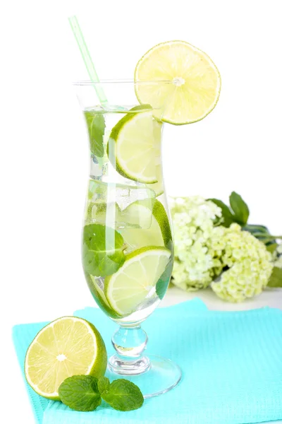 Glass of cocktail with lime and mint isolated on white — Stock Photo, Image