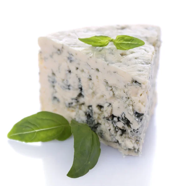Tasty blue cheese with basil, isolated on white — Stock Photo, Image