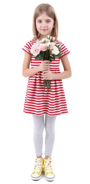 Schöne kleine Mädchen mit Blumenstrauß isoliert auf weiß — Stockfoto