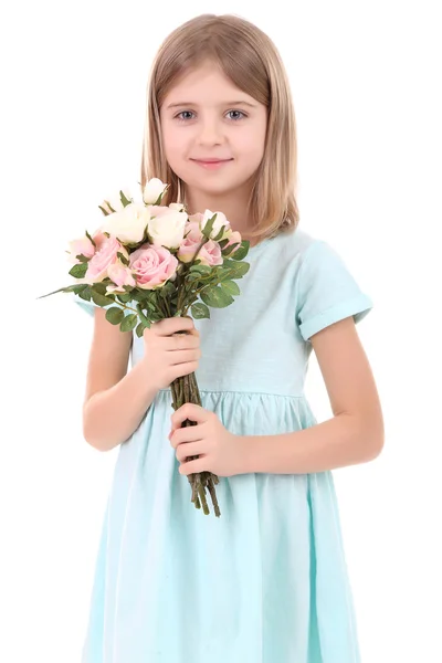 漂亮的小女孩抱着花束上白色孤立 — 图库照片