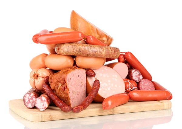 Lot of different sausages on wooden board isolated on white — Stock Photo, Image