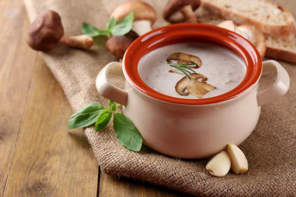 Mushroom soup in pot, on wooden background — Stock Photo, Image