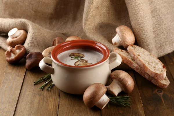 Composition with mushroom soup in pot, fresh and dried mushrooms, on wooden table, on sackcloth background — Stock Photo, Image