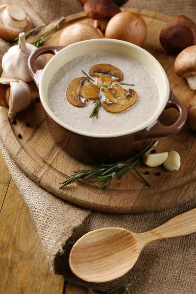 Composition with mushroom soup in pot, fresh and dried mushrooms, on wooden table, on sackcloth background — Stock Photo, Image