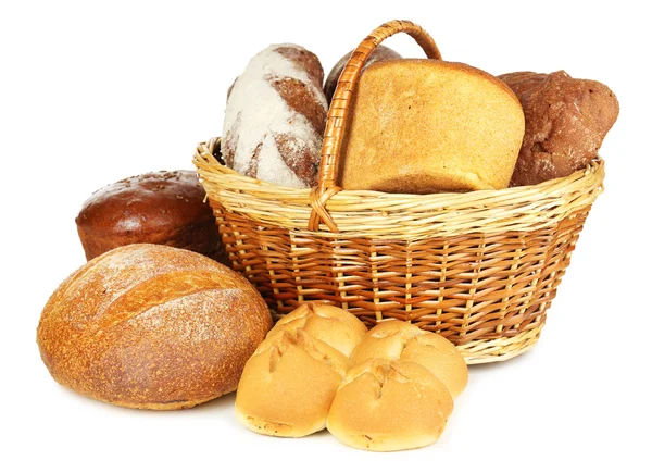 Composition with bread and rolls in wicker basket isolated on white — Stock Photo, Image