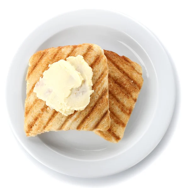 Pão grelhado com manteiga, isolado sobre branco — Fotografia de Stock