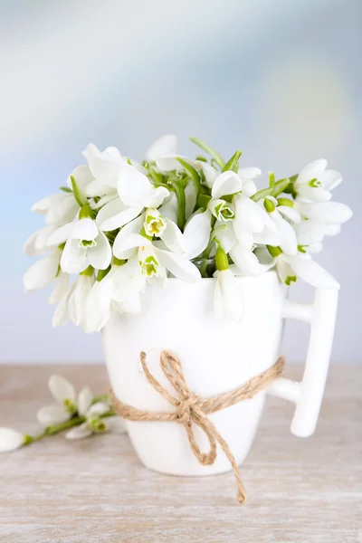 Mooie sneeuwklokjes in cup op blauwe achtergrond — Stockfoto