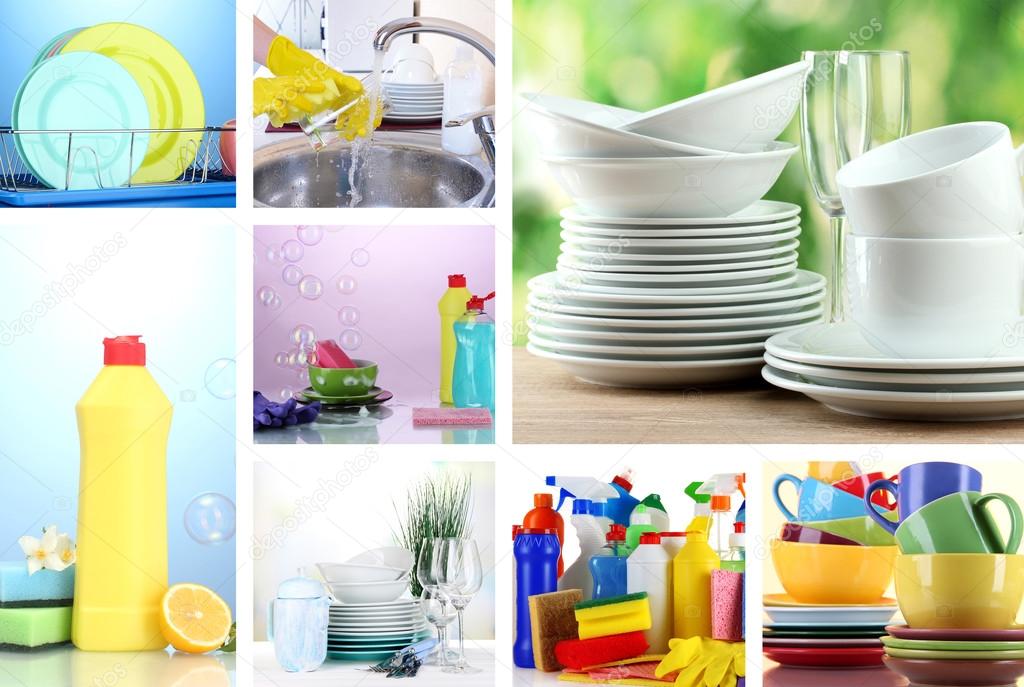 Collage of washing dishes close-up