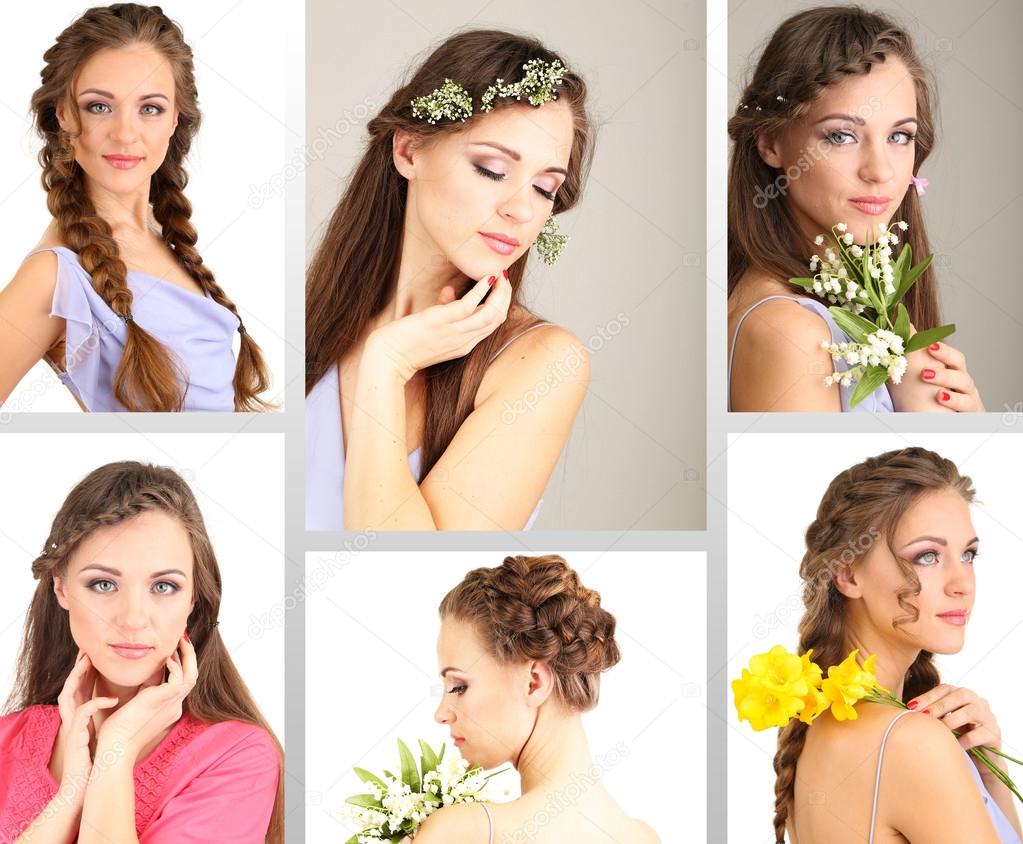 Collage of beautiful girl with different hairstyles