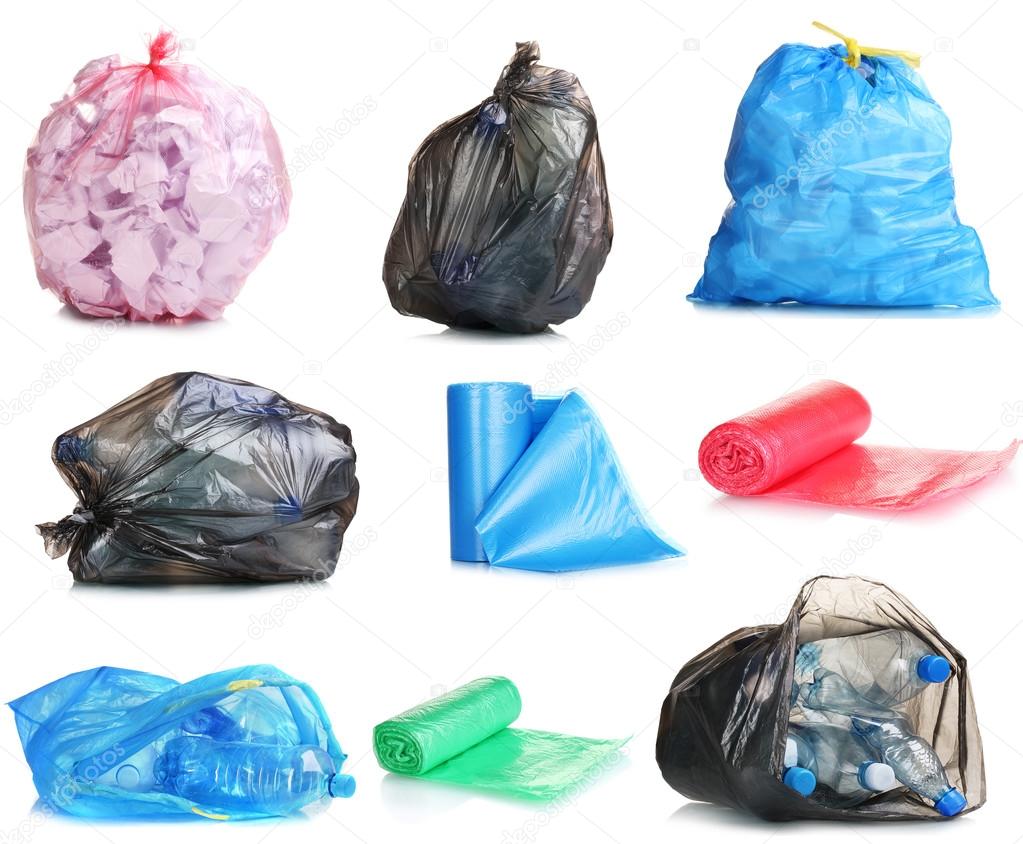 Collage of different garbage bags isolated on white